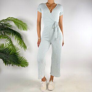 Vintage Green Striped Coastal Chic Classy Fitted Lightweight Wrap Jumpsuit / SM